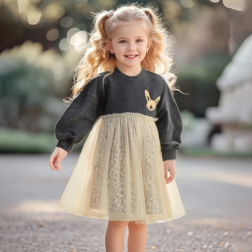 Girls Autumn Fashion Mesh Stitching Long-Sleeve Cotton Dress