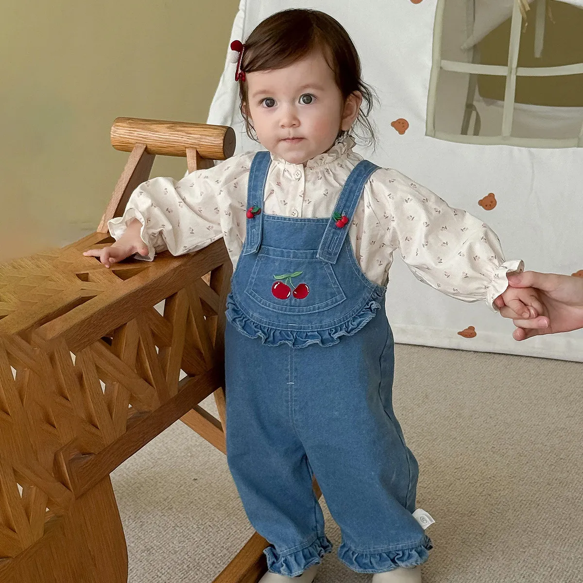 Kids Baby Girls' Cute Cherry Embroidered Denim Jumpsuits Cotton Solid Floral