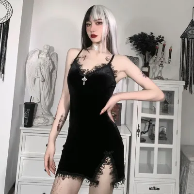 Women Fashion Sexy Gothic Velvet Lace Stitching Spaghetti Strap Slim Fit Dress