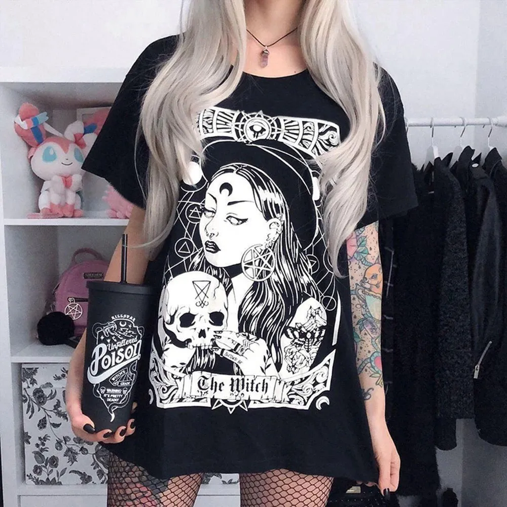 Women Gothic Printed Cotton Short-Sleeve Loose T-Shirt