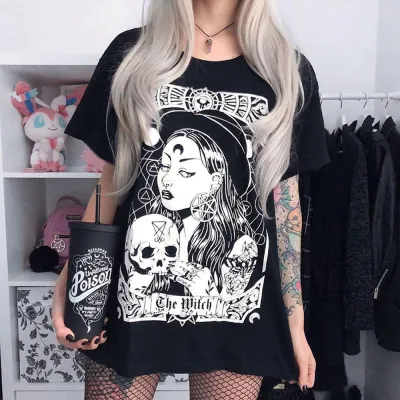 Women Gothic Printed Cotton Short-Sleeve Loose T-Shirt