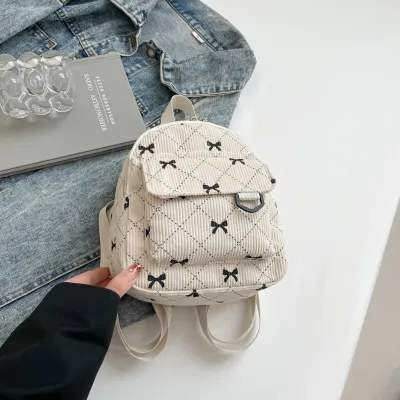 Women Fashion Corduroy Bowknot Printed Mini Backpack Computer 8 Inches Solid Color