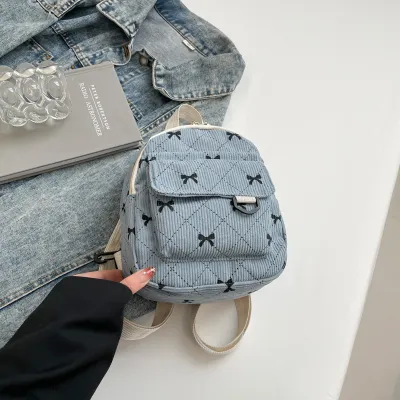 Women Fashion Corduroy Bowknot Printed Mini Backpack Computer 8 Inches Solid Color