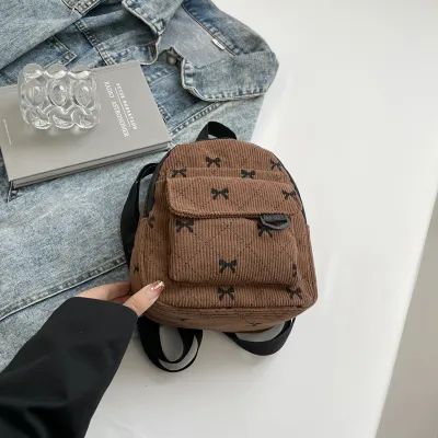 Women Fashion Corduroy Bowknot Printed Mini Backpack Computer 8 Inches Solid Color