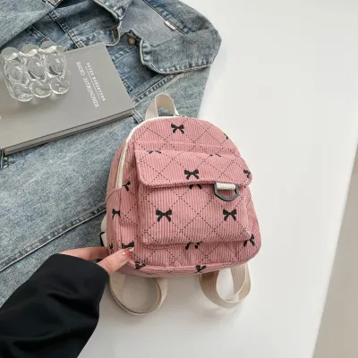 Women Fashion Corduroy Bowknot Printed Mini Backpack Computer 8 Inches Solid Color