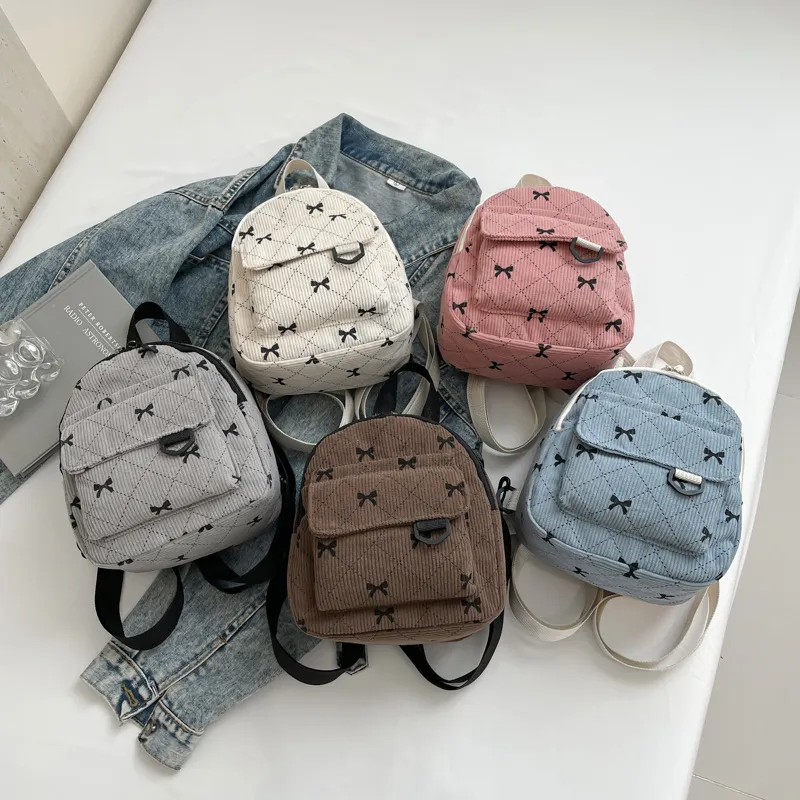 Women Fashion Corduroy Bowknot Printed Mini Backpack Computer 8 Inches Solid Color