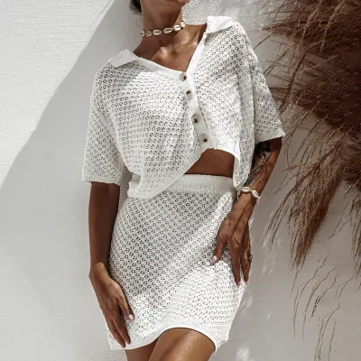 Summer Short-Sleeved Knitted Cardigan Skirt Set