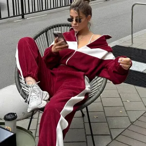 Athleisure Women Fashion Casual Sports Zipper Sweatshirt Pants Two-Piece Set