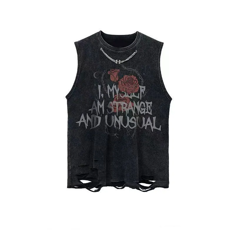 Gothic Alphabet Floral Print Loose Fit Cotton Tank Top for Women