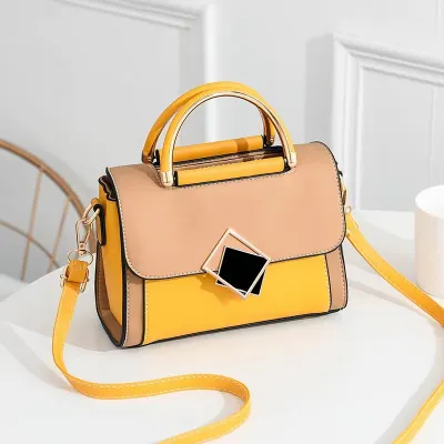 Women Fashion Casual Color Block PU Tote Handbag with Zipper