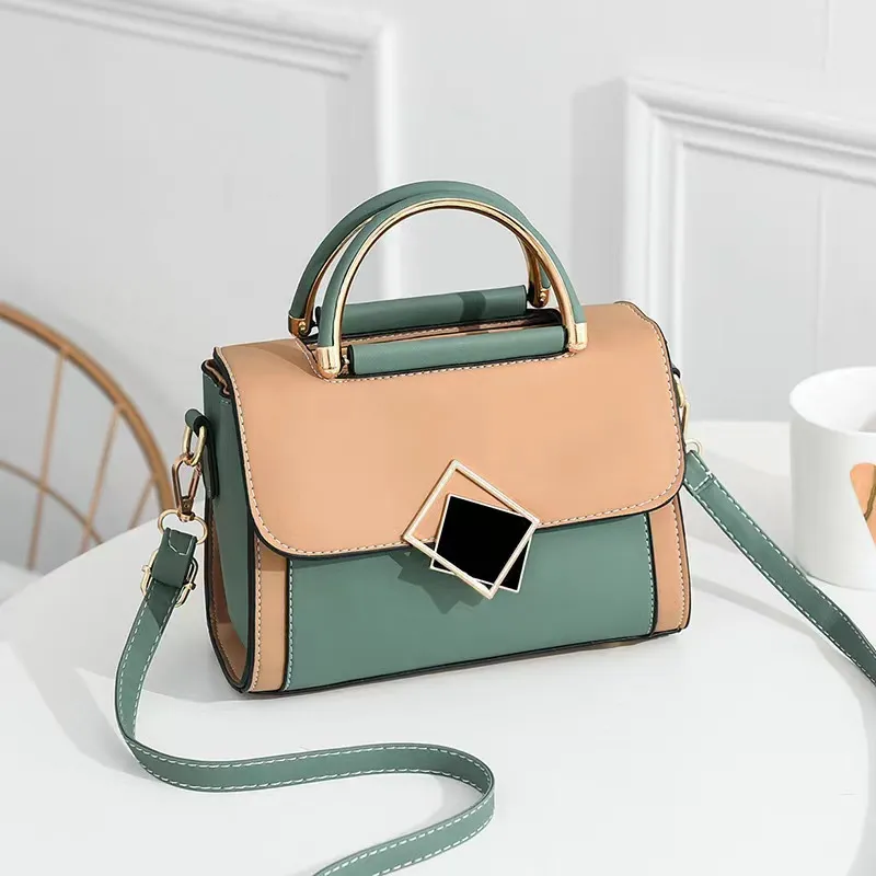 Women Fashion Casual Color Block PU Tote Handbag with Zipper