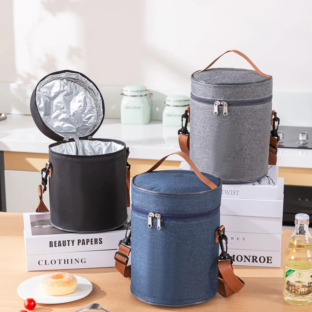 Fashion Round Bucket Portable Insulated Outdoor Picnic Lunch Bag 6L Oxford Cloth