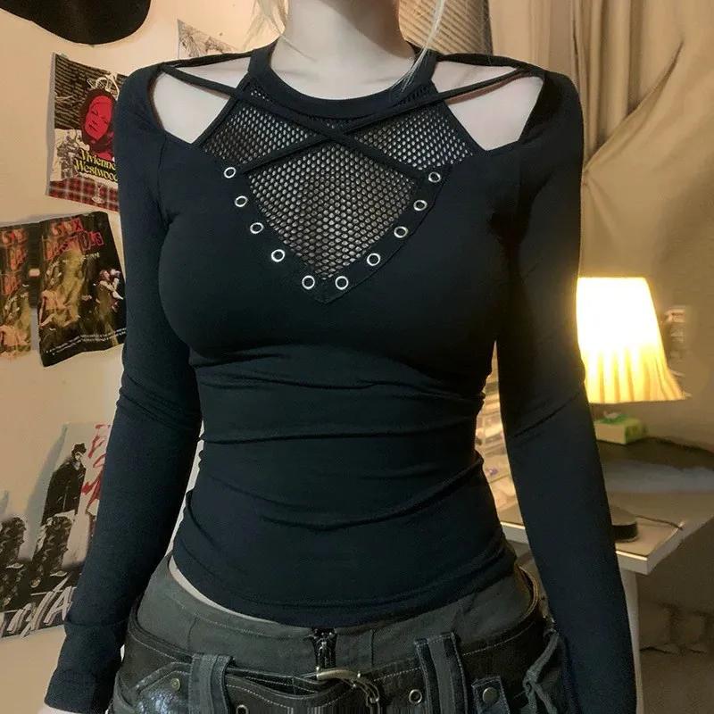 Women Fashion Sexy Dark Gothic Plus Size Grid Stitching Long Sleeve T-Shirt