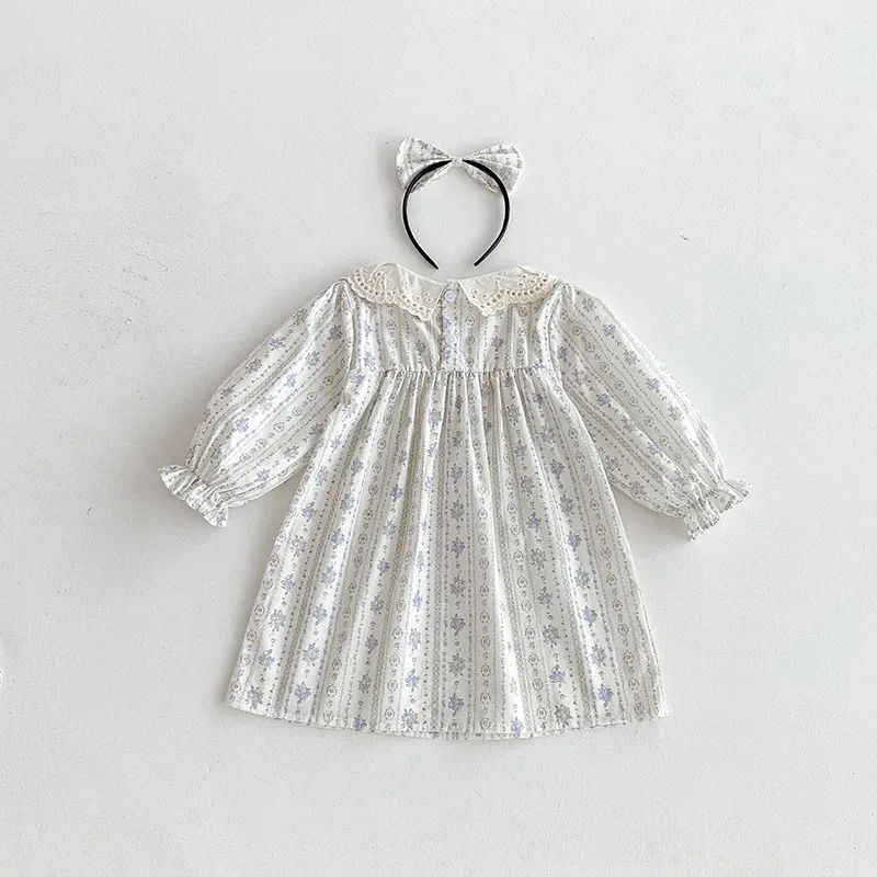 Kids Girls Fashion Autumn Printed Lapel Long Sleeve Cotton Dress