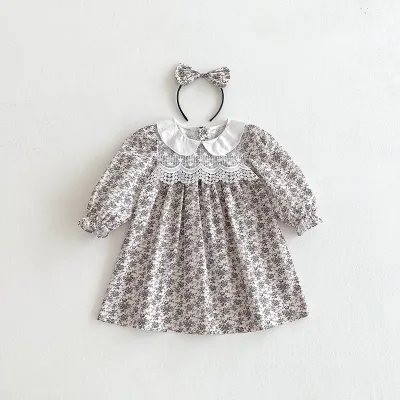 Kids Girls Fashion Autumn Floral Printed Lace Lapel Long Sleeve Dress