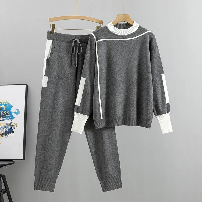 Women Casual Plus Size Color Block Long-Sleeve Sweater Drawstring Pants Knitted Two-Piece Set