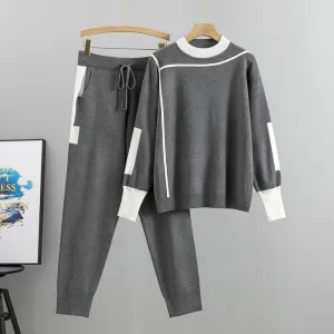 Women Casual Plus Size Color Block Long-Sleeve Sweater Drawstring Pants Knitted Two-Piece Set