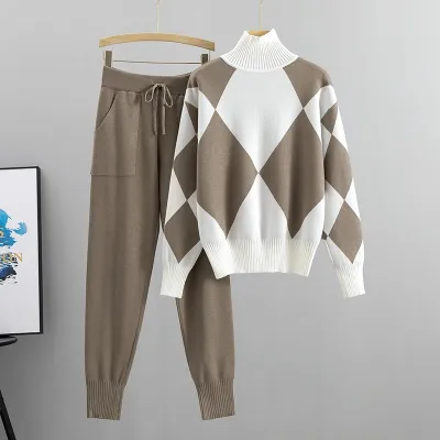 Women Casual Color Block Plaid High-Neck Long-Sleeve Sweater Jogger Pants Knitted Two-Piece Set