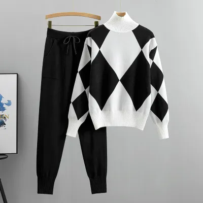 Women Casual Color Block Plaid High-Neck Long-Sleeve Sweater Jogger Pants Knitted Two-Piece Set