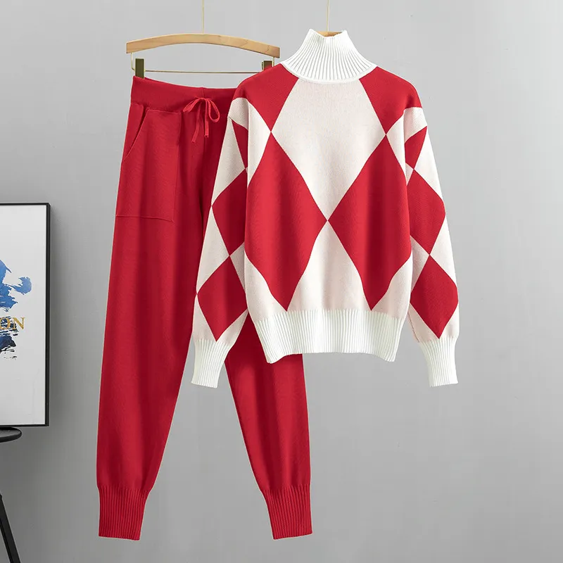 Women Casual Color Block Plaid High-Neck Long-Sleeve Sweater Jogger Pants Knitted Two-Piece Set