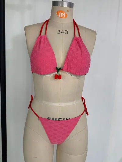 Women Sexy Solid Color Cherry Pendant Lace-Up Bikini Swimsuit