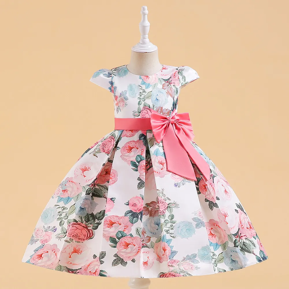 Girls Elegant Satin Floral Bowknot Puff Sleeve Dress Kids Clothing 3-14T