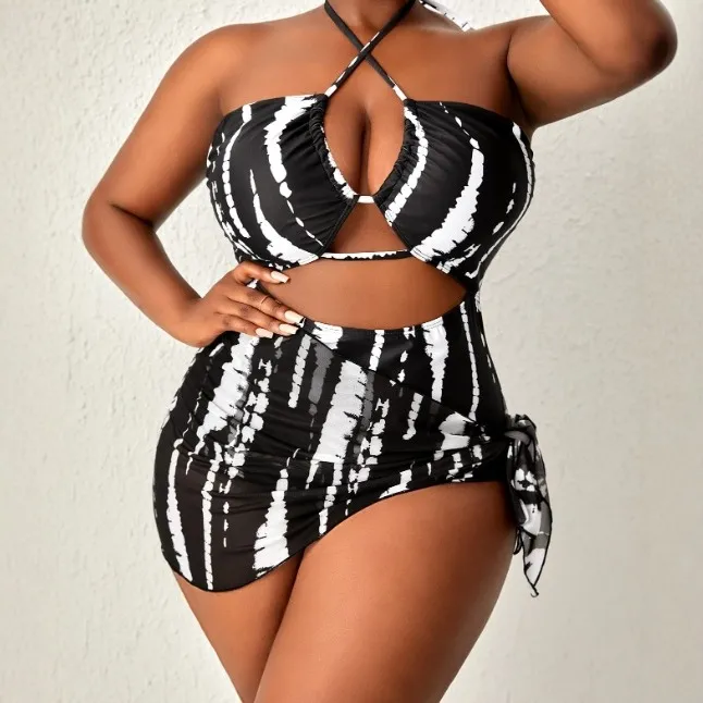 Women Plus Size Sexy Printed Halter Neck Hollow-Out Bikini Swimsuit