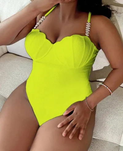 Women Fashion Sexy Plus Size Solid Color Pearl Decoration One-Piece Bright Swimsuit