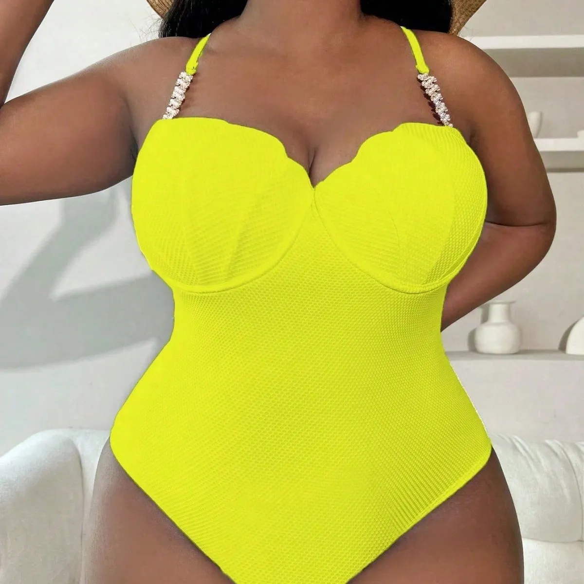 Women Fashion Sexy Plus Size Solid Color Pearl Decoration One-Piece Bright Swimsuit