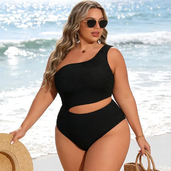 Women Sexy Plus Size Hollow One-Piece Swimsuit Solid Color