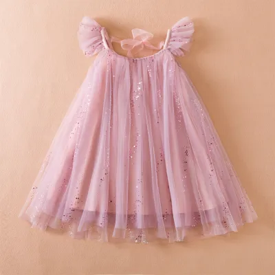 Kids Girl's Sequins Mesh Stitching Flying Sleeve Dress Short Sleeve Cotton Blend For Party