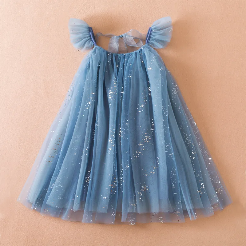 Kids Girl's Sequins Mesh Stitching Flying Sleeve Dress Short Sleeve Cotton Blend For Party