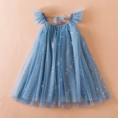 Kids Girl's Sequins Mesh Stitching Flying Sleeve Dress Short Sleeve Cotton Blend For Party