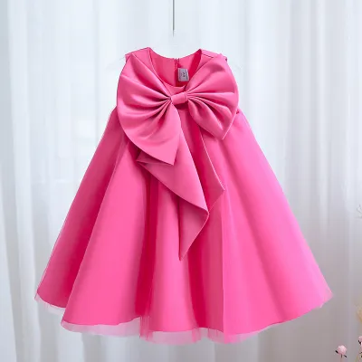 Kids Girls Satin Bowknot Sleeveless Solid Color Dress
