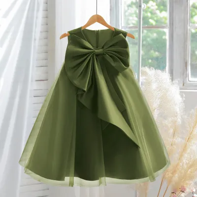 Kids Girls Satin Bowknot Sleeveless Solid Color Dress