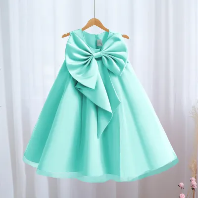 Kids Girls Satin Bowknot Sleeveless Solid Color Dress