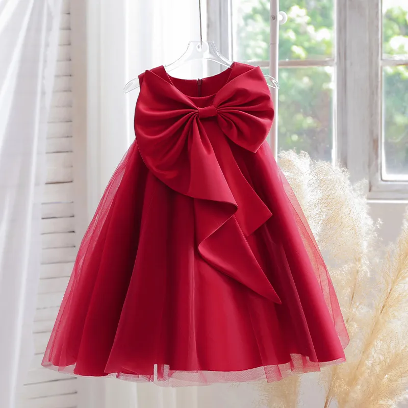 Kids Girls Satin Bowknot Sleeveless Solid Color Dress