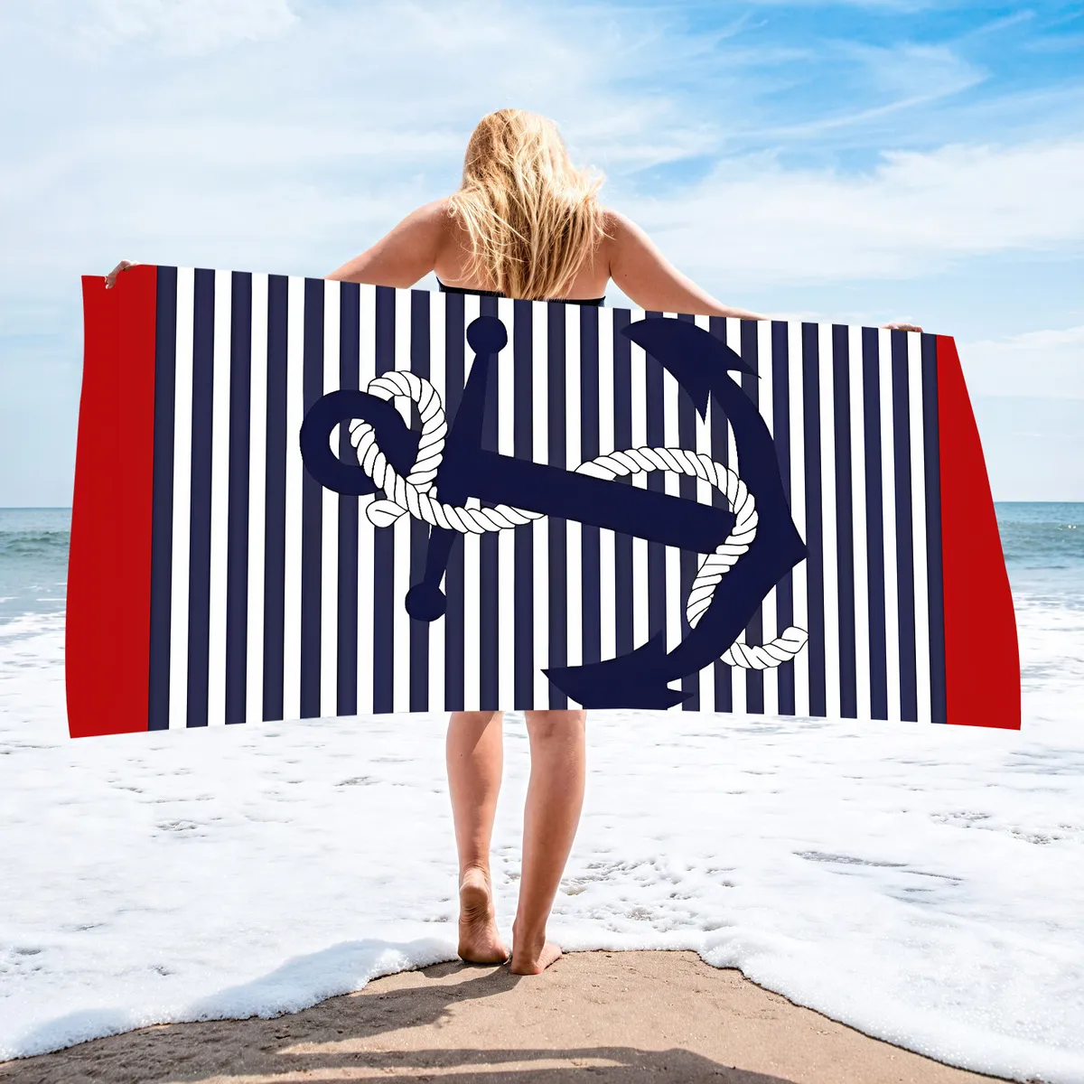 Women Fashion Anchor Stripe Microfiber Printed Quick-Drying Beach Towel