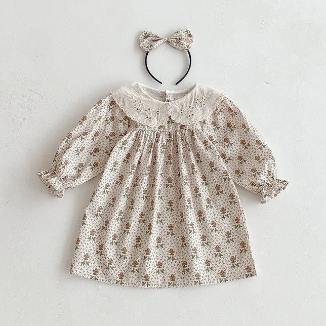 Kids Girls Fashion Autumn Floral Printed Lace Lapel Long Sleeve Cotton Dress