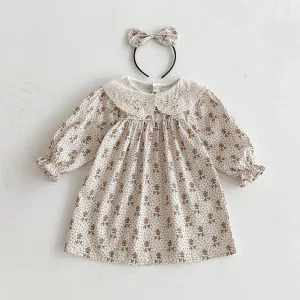 Kids Girls Fashion Autumn Floral Printed Lace Lapel Long Sleeve Cotton Dress