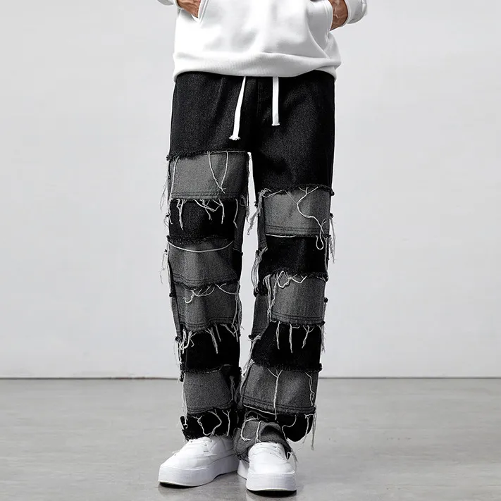 Men Fashion Casual Tassel Stitching Straight Denim Jeans