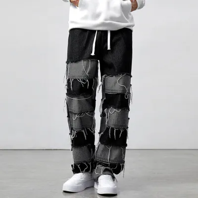 Men Fashion Casual Tassel Stitching Straight Denim Jeans