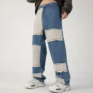 Men Fashion Casual Contrast Stitching Loose Straight Leg Jeans