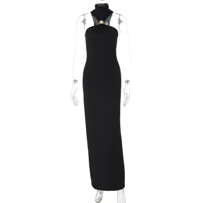 Women Elegant Halter-Neck Sleeveless Slim-Fit Maxi Dress in Solid Color