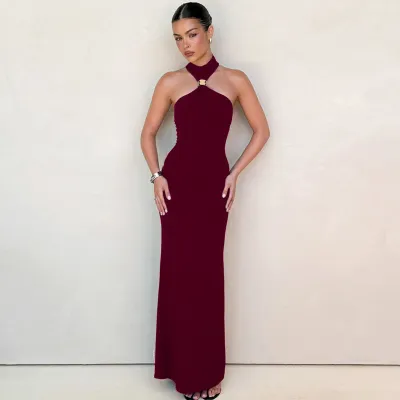 Women Elegant Halter-Neck Sleeveless Slim-Fit Maxi Dress in Solid Color