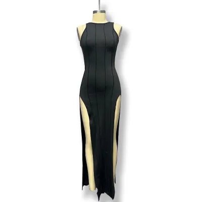 Women Sexy Solid Color Sleeveless Slim-Fit Split Maxi Dress
