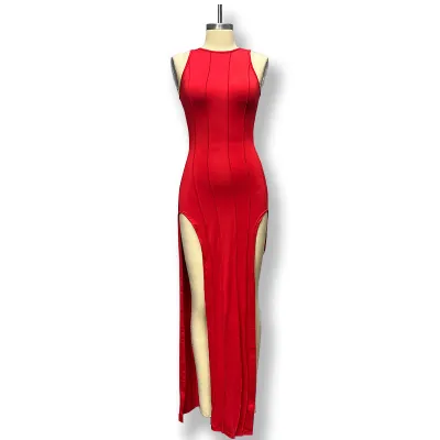 Women Sexy Solid Color Sleeveless Slim-Fit Split Maxi Dress