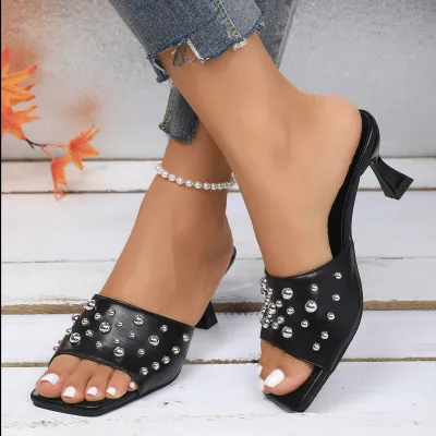Women Fashion Sexy Square-Toe Rivet High Heels Shoes Leisure