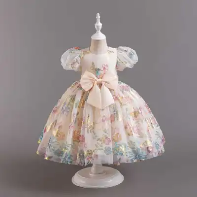 Kids Girls Fashion Elegant Organza Flower Butterfly Print Bowknot Short-Sleeve Dress