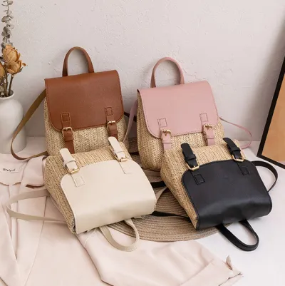 Women Fashion Casual Contrast Color Woven Straw Backpack